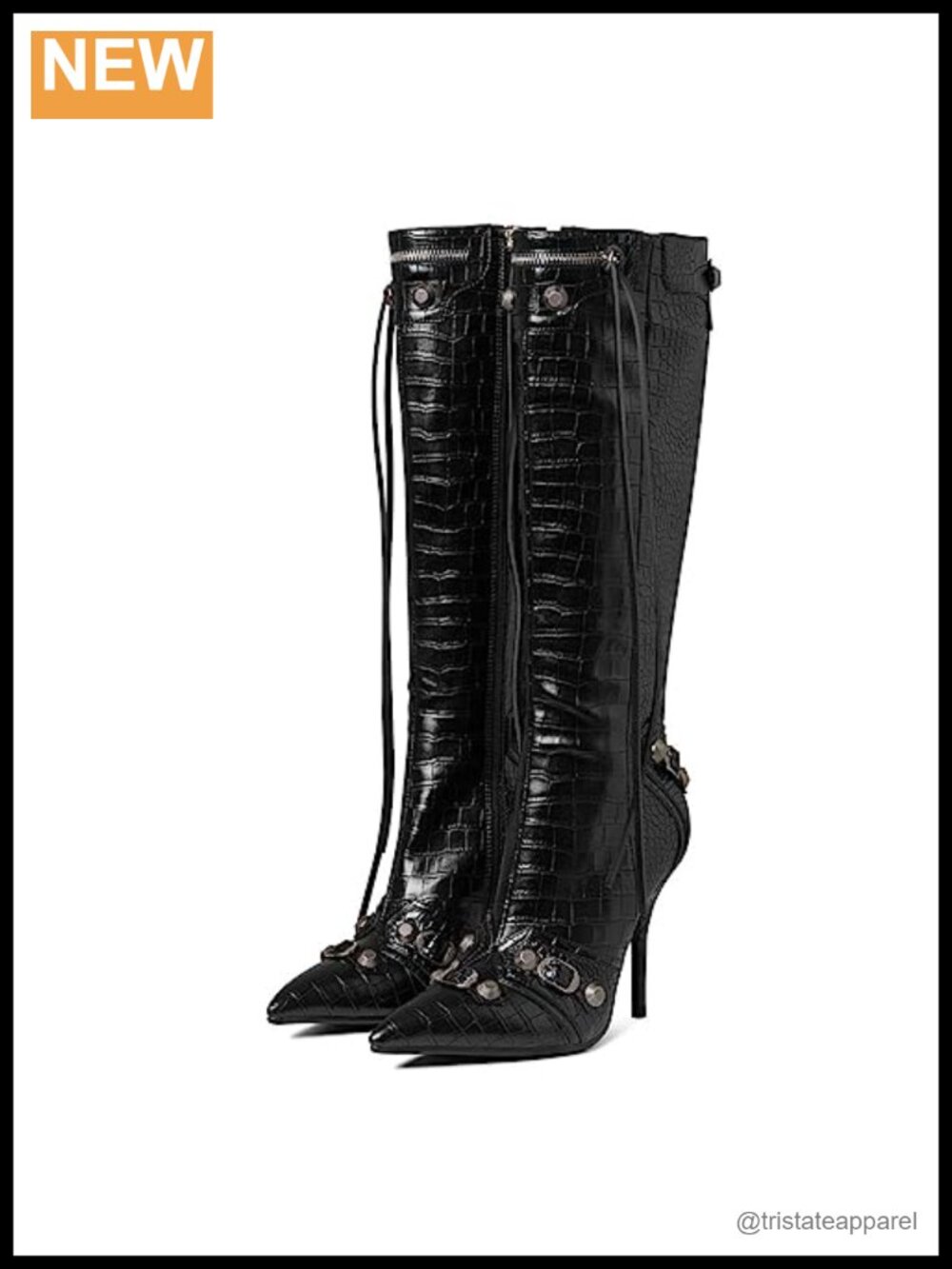 Knee High Boots for Women Studded Stiletto Heels Pointed Toe Patent Leather Zip